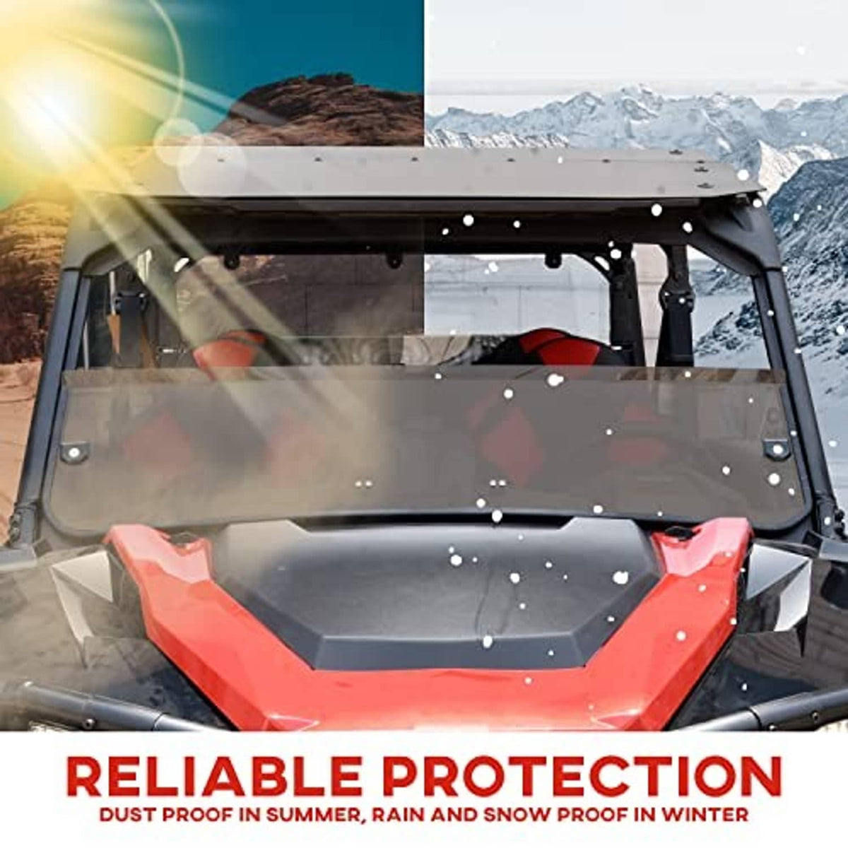 Dark tinted half windshield installed on a side-by-side vehicle, front opening