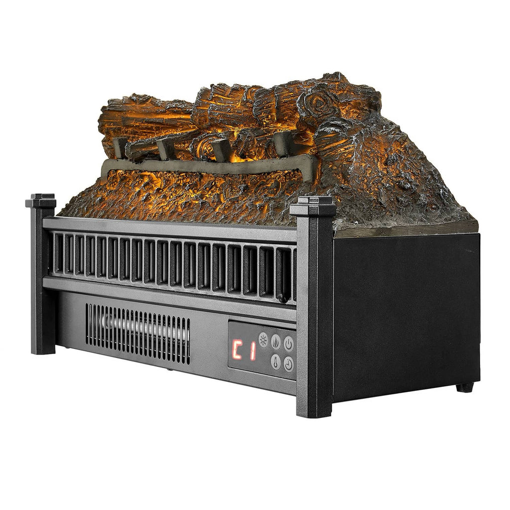 Electric log heater side angle with faux logs and glowing red control display