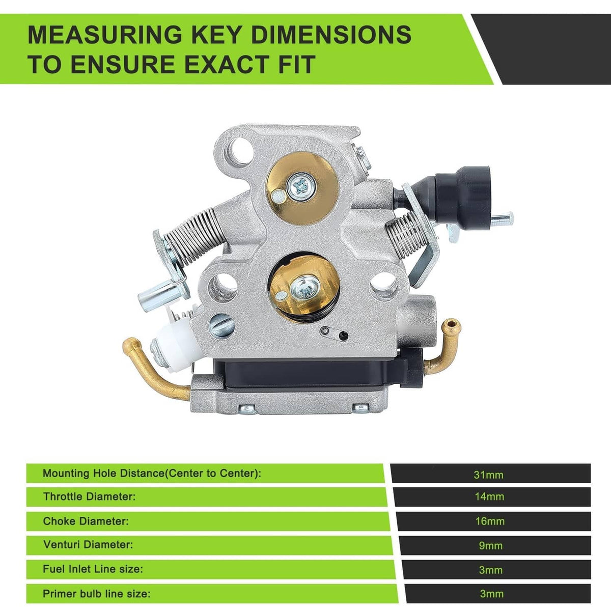 Silver carburetor assembly close-up with gold diaphragms and fuel inlet port
