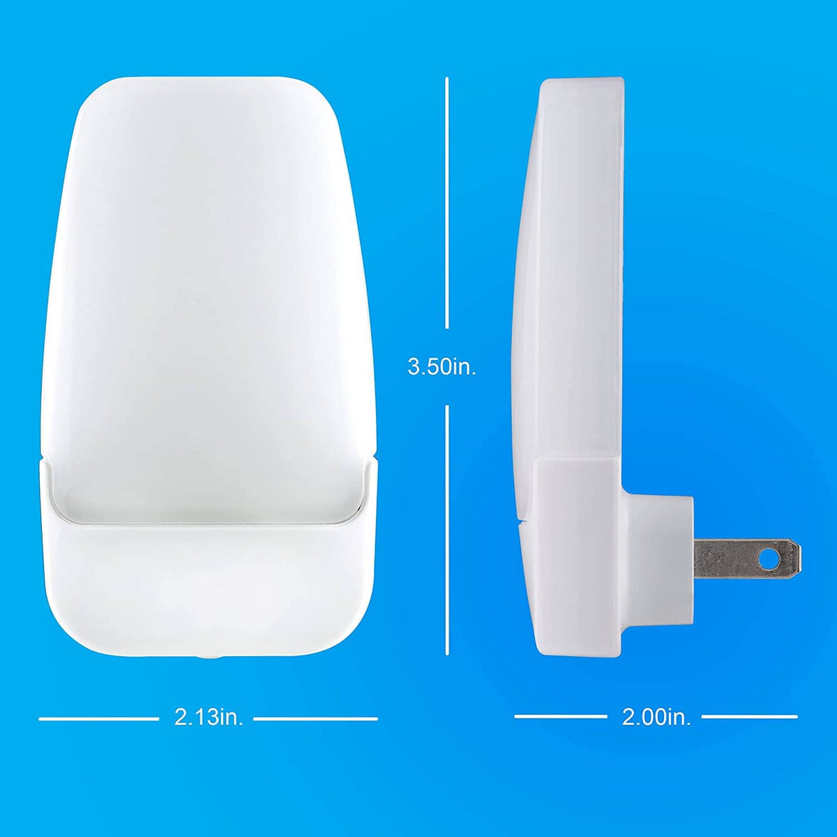 White plug-in LED night light with compact housing and side profile dimensions