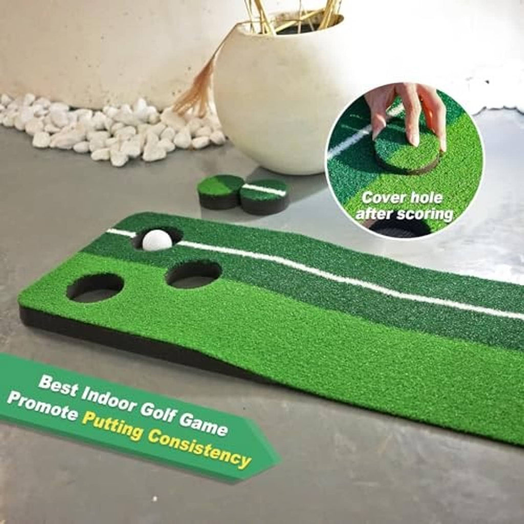 Indoor putting green mat with hole openings and golf balls, displayed on smooth floor