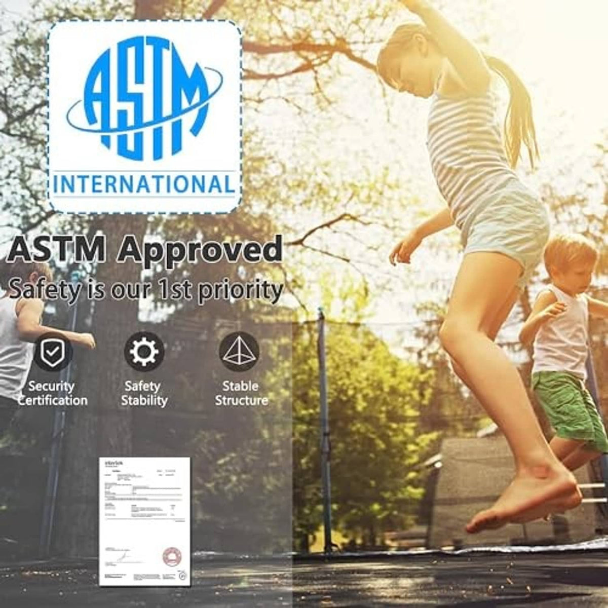 ASTM-approved trampoline setup with safety net enclosure and jumping mat