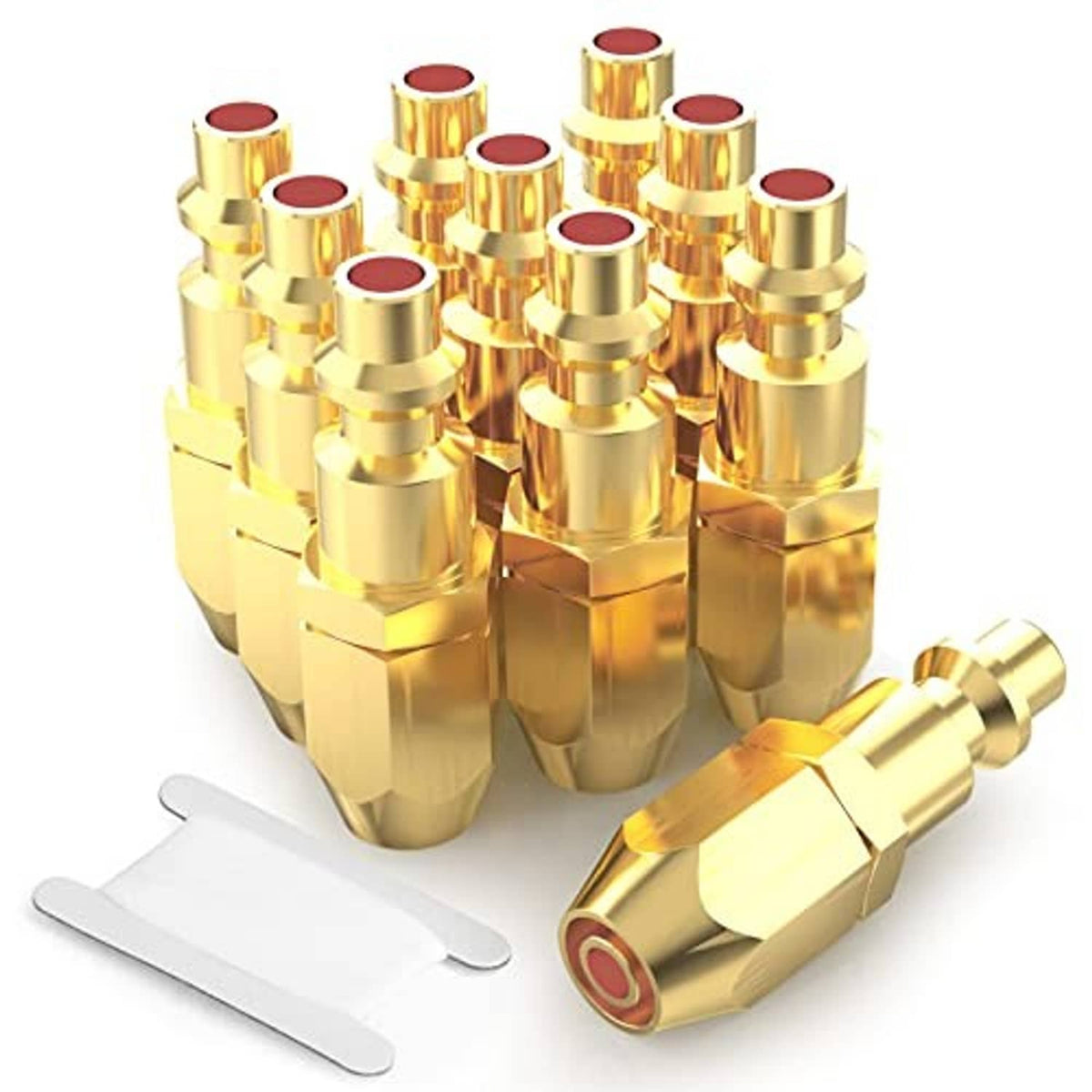 Brass pneumatic barbed plug fittings, bulk pack with red-sealed ends and threaded connection