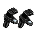 Pair of black camshaft position sensors with metal mounting rings and electrical plugs