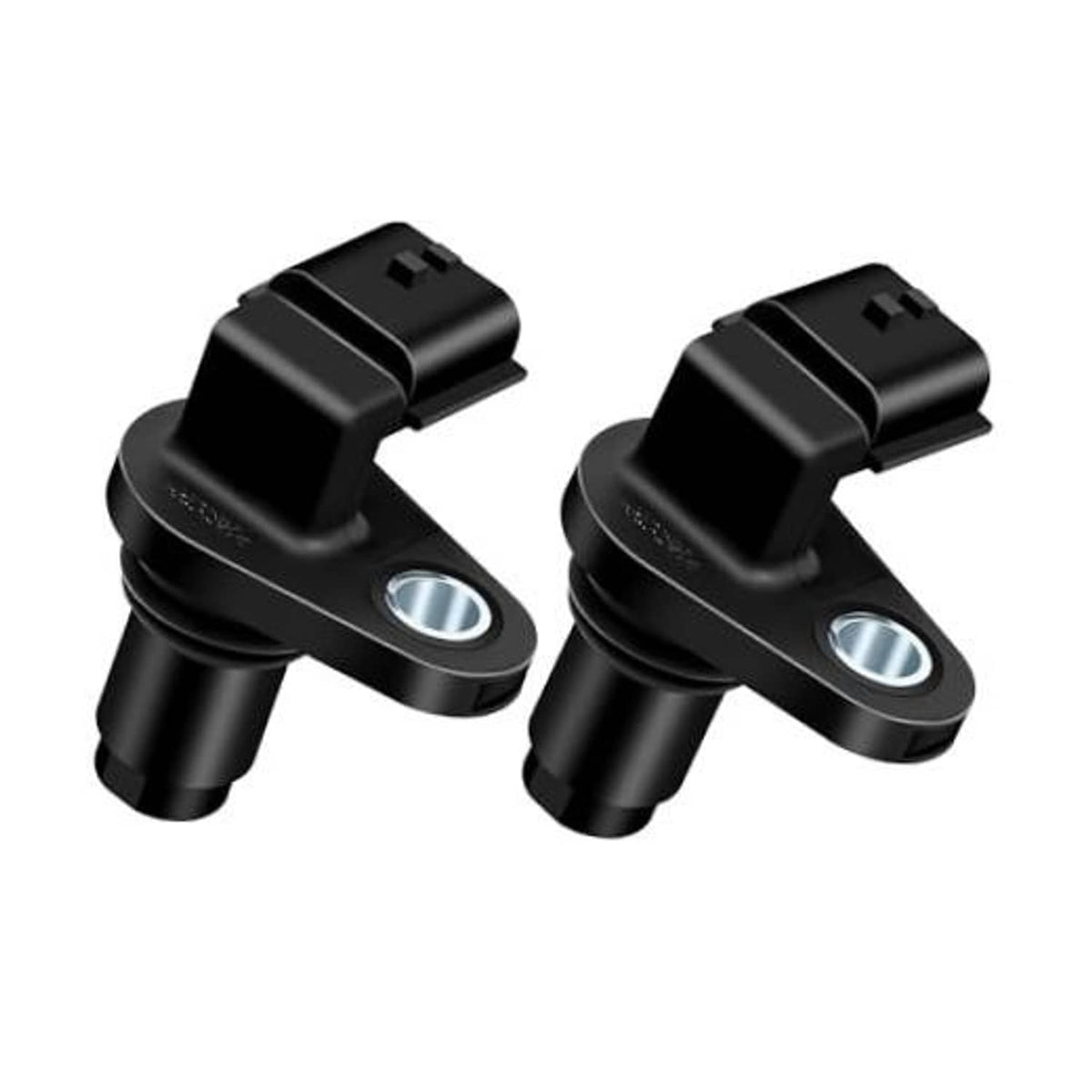 Pair of black camshaft position sensors with metal mounting rings and electrical plugs