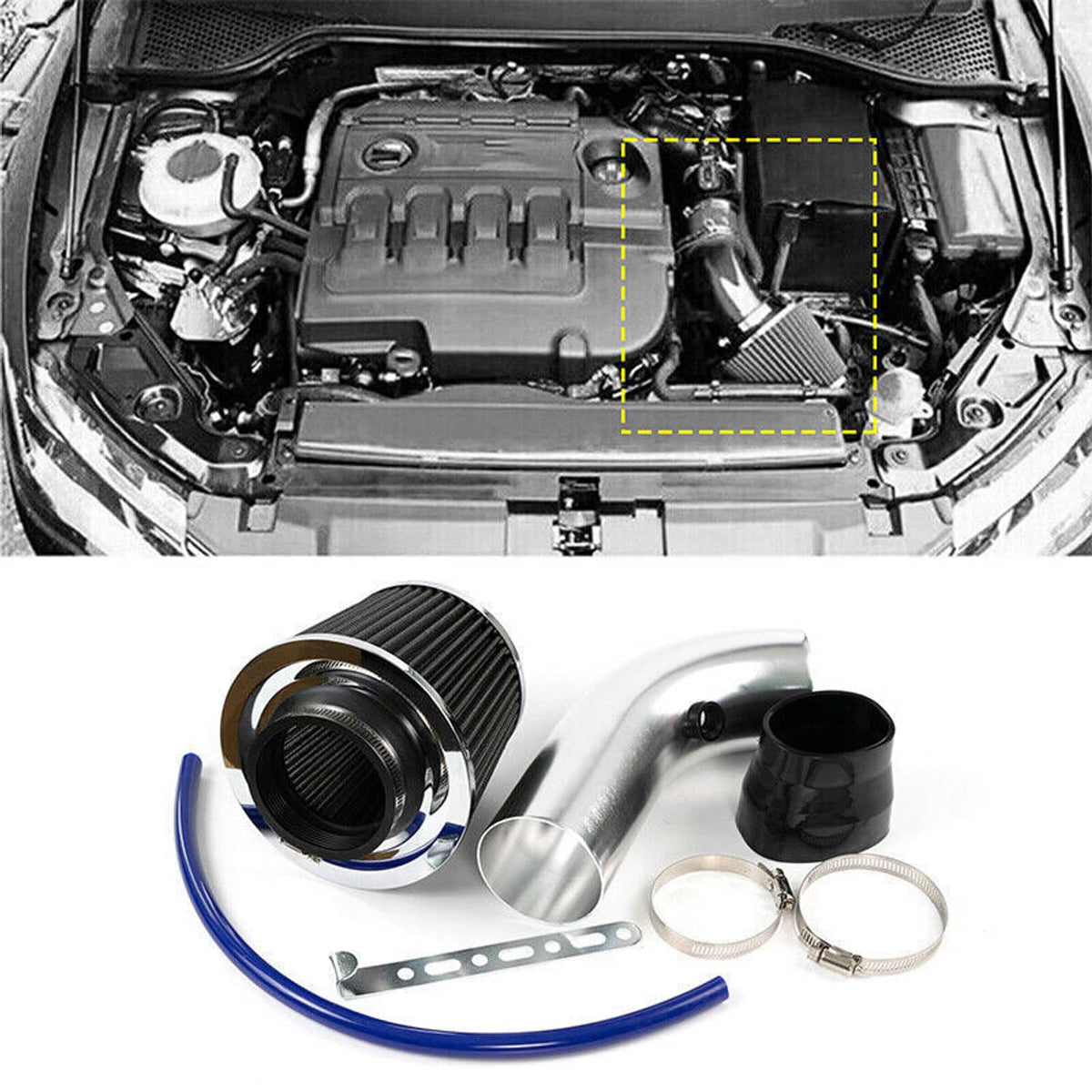 Cold air intake kit set with cone filter, aluminum pipe, blue hose, and mounting clamps