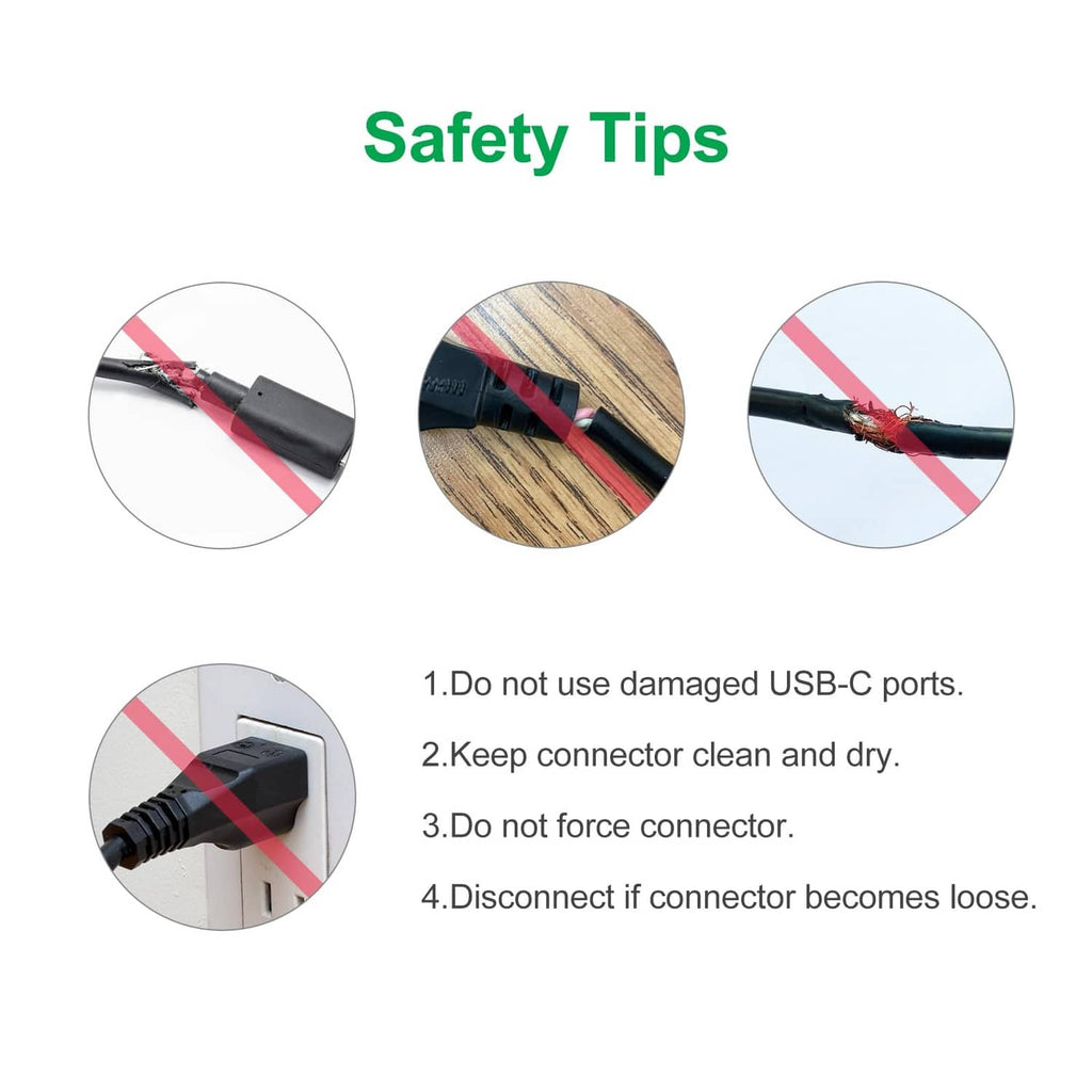 Safety tips graphic showing USB-C connector care and do-not-handle instructions