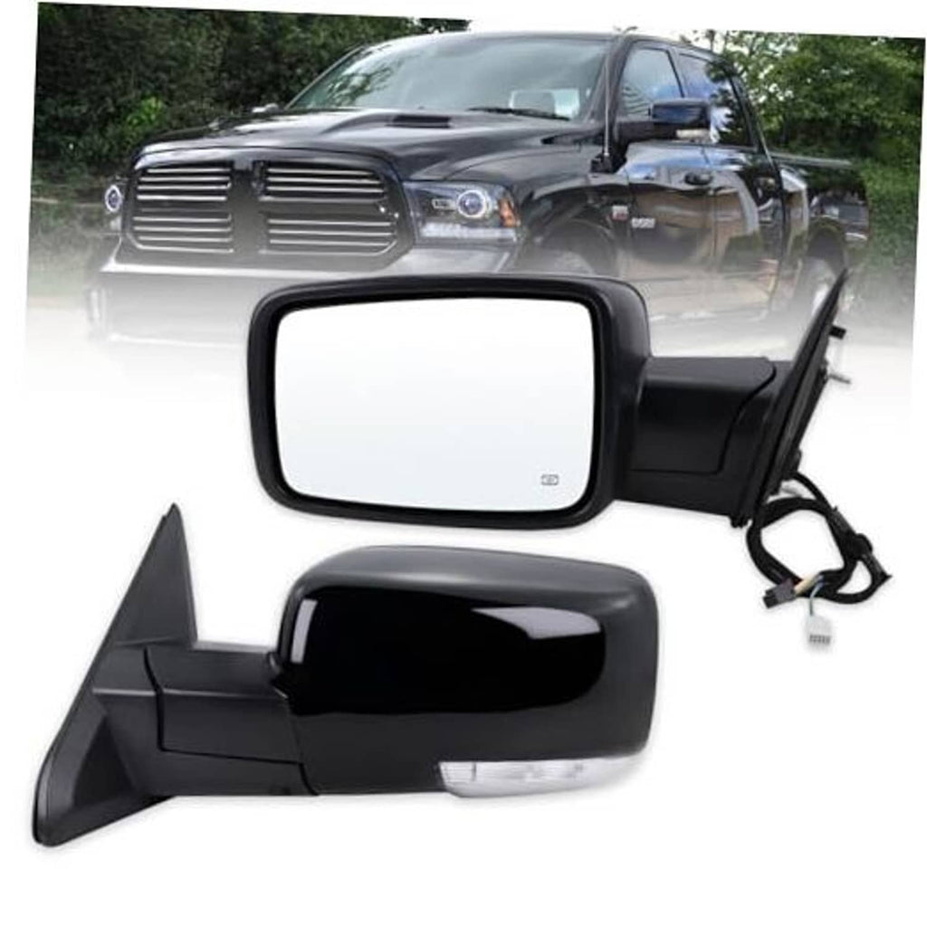 Black left driver-side mirror assembly with power housing, turn-signal housing, and harness