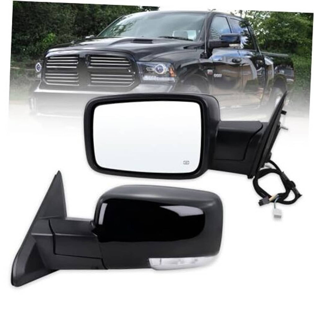 Black left driver-side mirror assembly with power housing, turn-signal housing, and harness