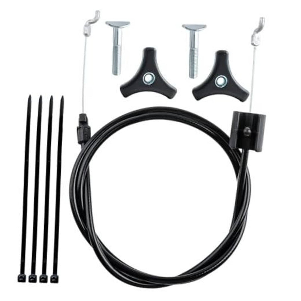 Lawn mower throttle control cable kit with black cable, knobs, bolts, and end clips