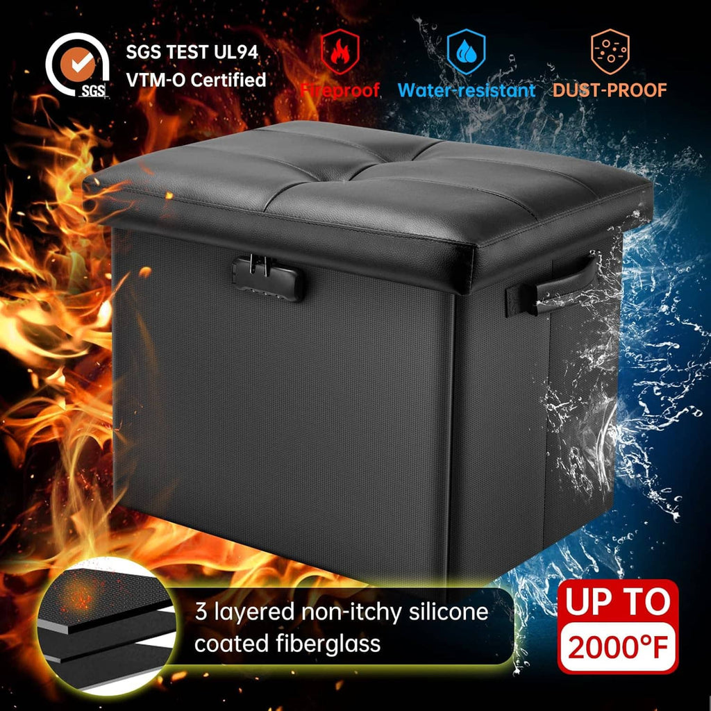 Black storage ottoman with padded lid and side latches, reinforced protective surface.