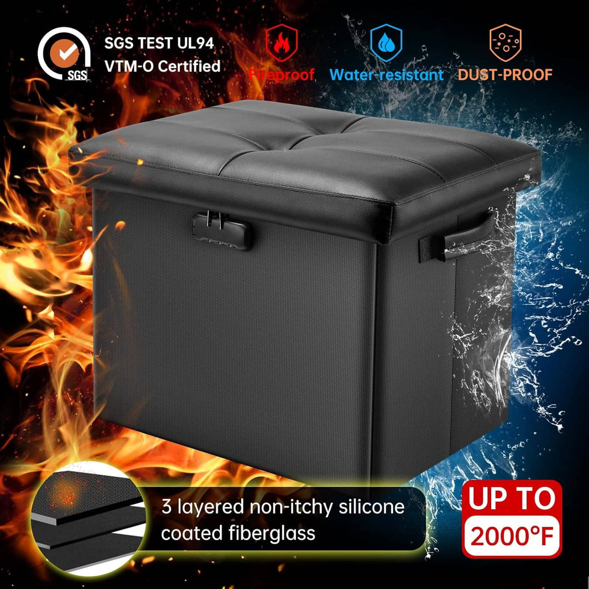 Black storage ottoman with padded lid and side latches, reinforced protective surface.