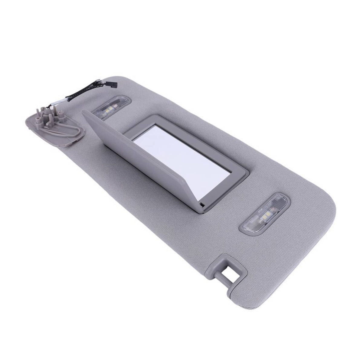 Grey sun visor with rectangular mirror opening and two side light strips