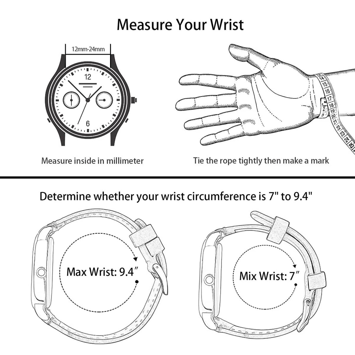 Watch band sizing guide showing wrist range and band length measurement