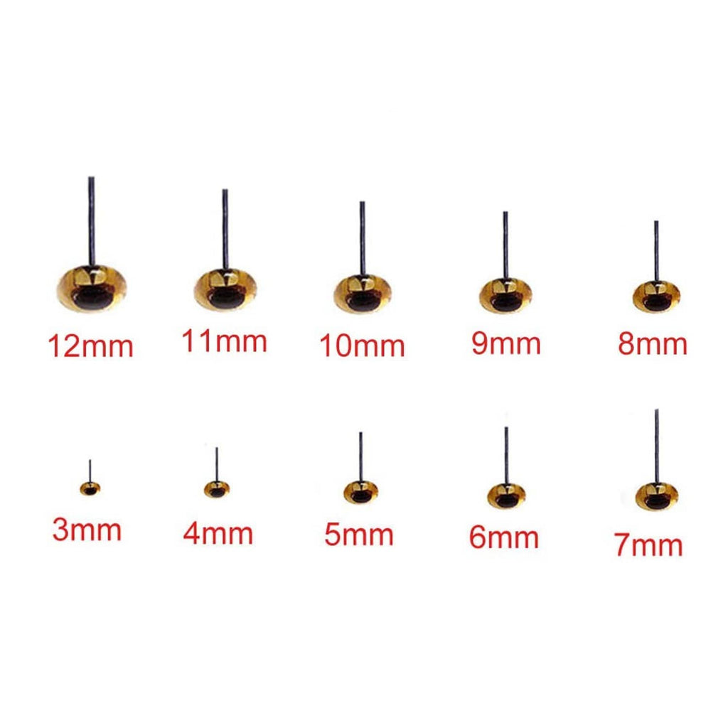 Glass eyes size set shown: 12mm to 7mm with black needle stems