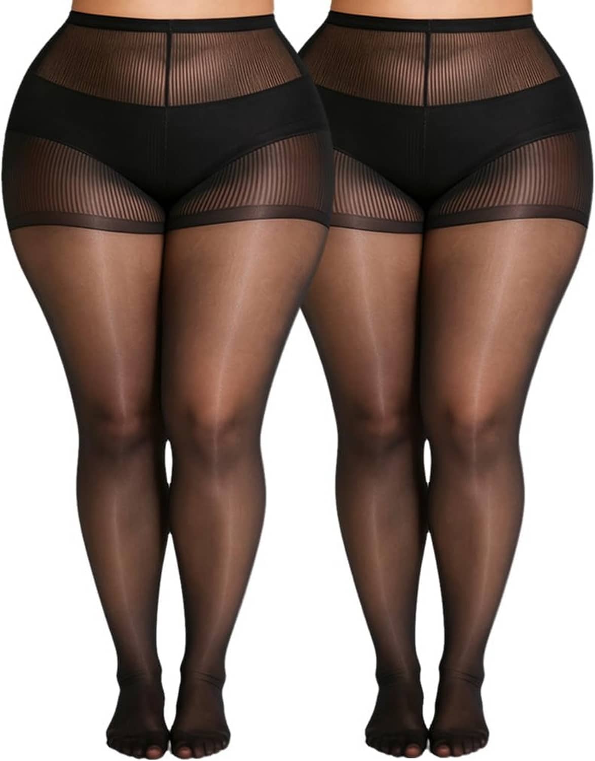 Plus size sheer tights set, dark brown high-waist pantyhose with reinforced toes