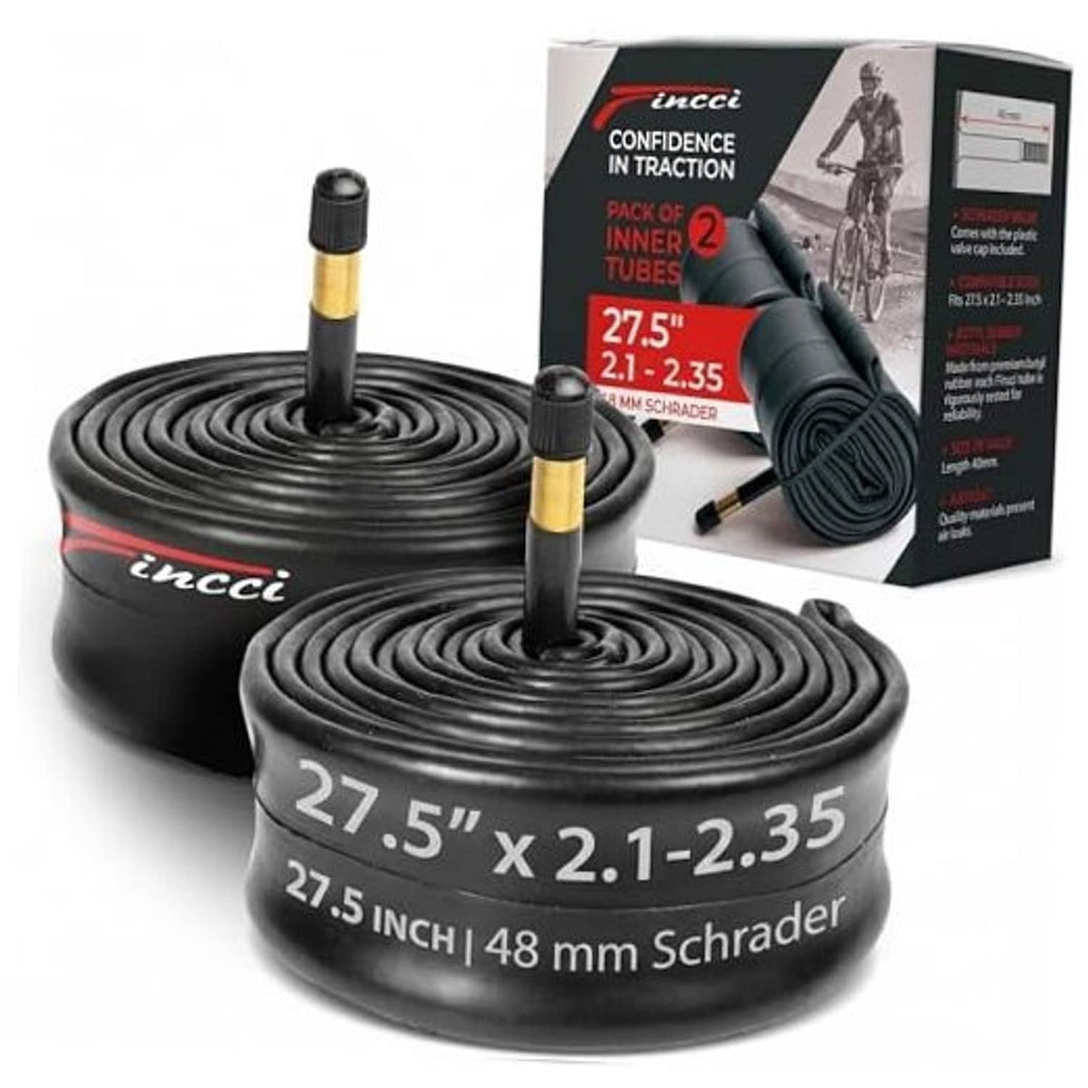 Pair of black bike inner tubes with gold Schrader valves, 27.5 x 2.1-2.35, 48mm
