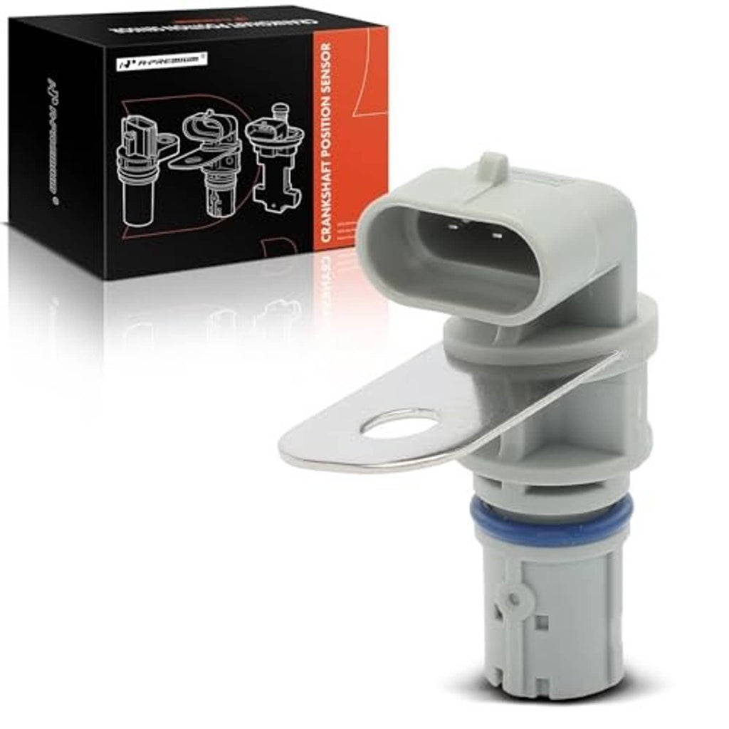 Engine crankshaft position sensor angled view with gray plug and metal bracket