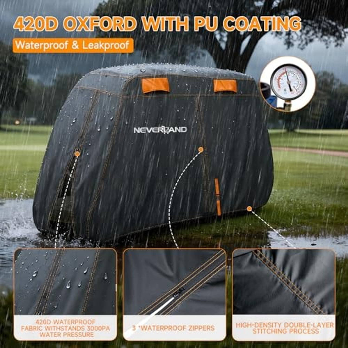 Rain-covered black golf cart cover with orange trim and NEVERLAND logo, visible stitching