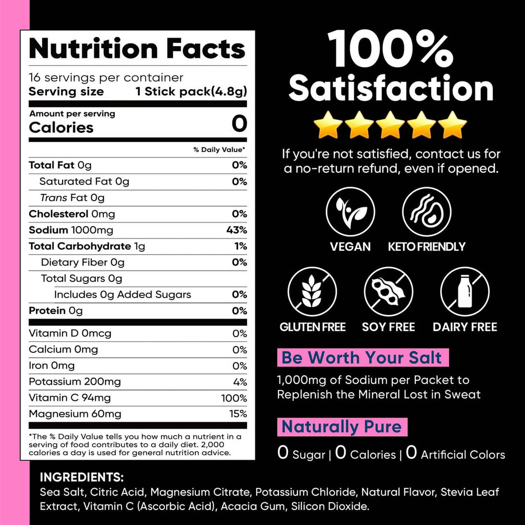 Electrolyte drink mix nutrition facts with vegan, keto-friendly, and gluten-free icons