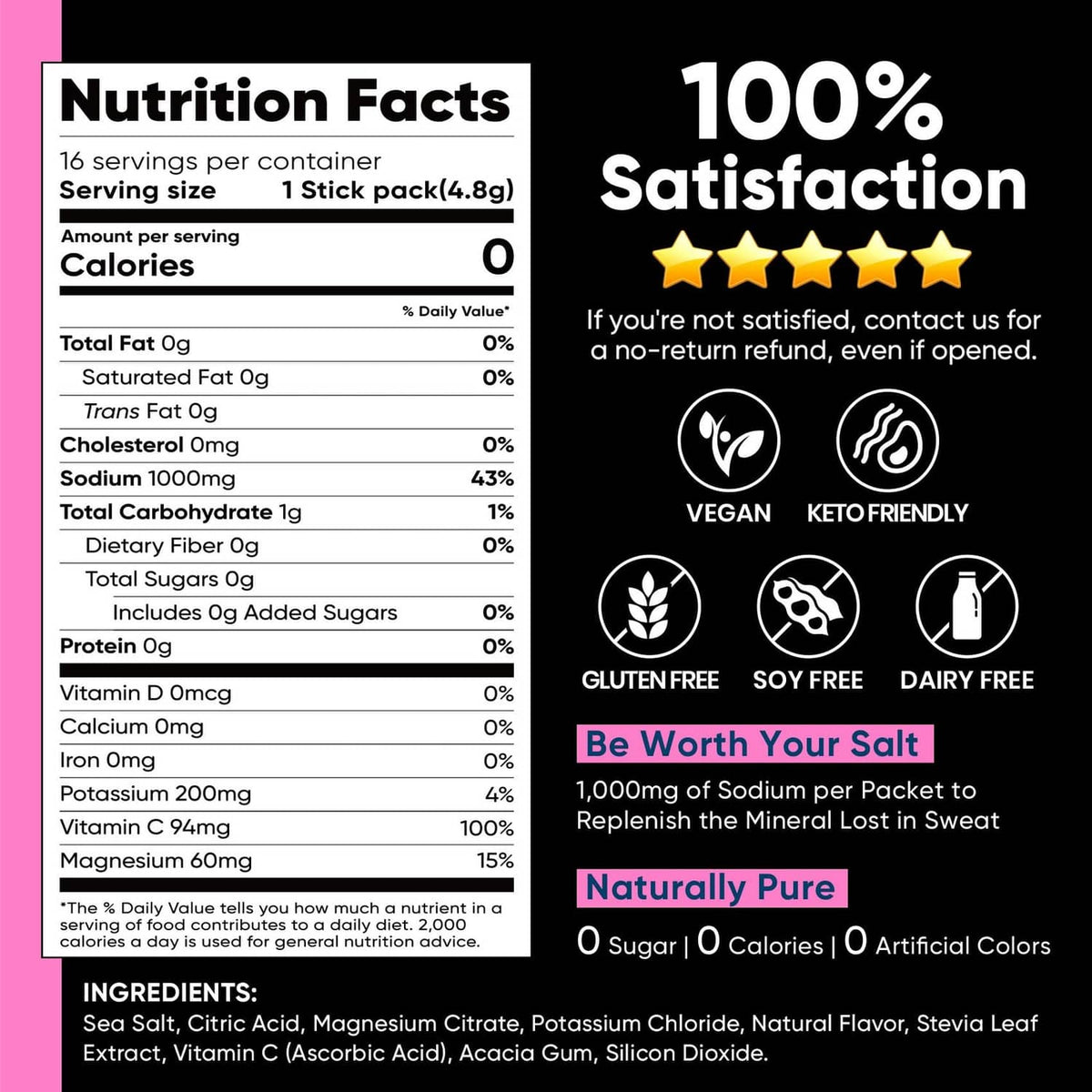 Electrolyte drink mix nutrition facts with vegan, keto-friendly, and gluten-free icons