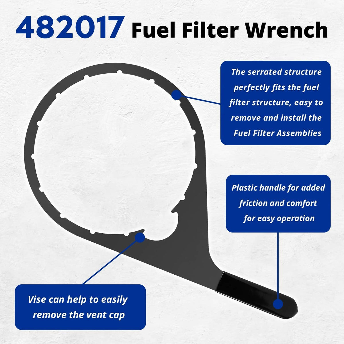 Fuel filter vent cap wrench with round serrated collar end and long black grip handle