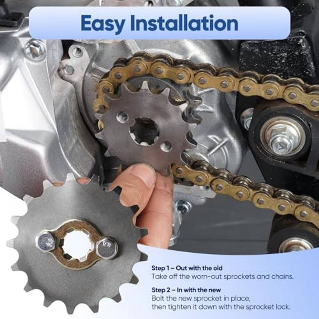 Steel sprocket, two bolts, and gold mounting lock plate shown near engine chain