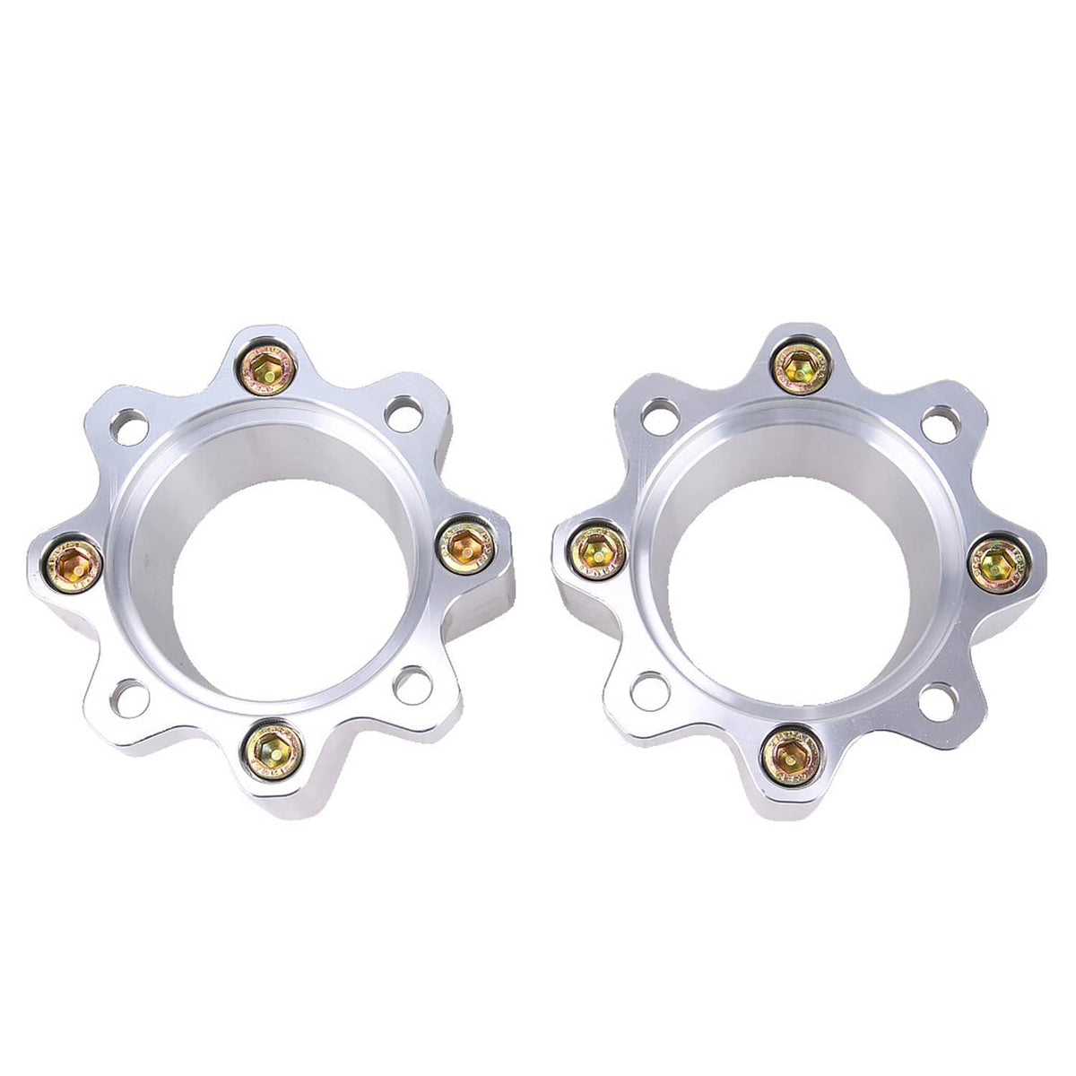 Wheel spacer pair, silver finish with gold-toned bolts, alternate front angle