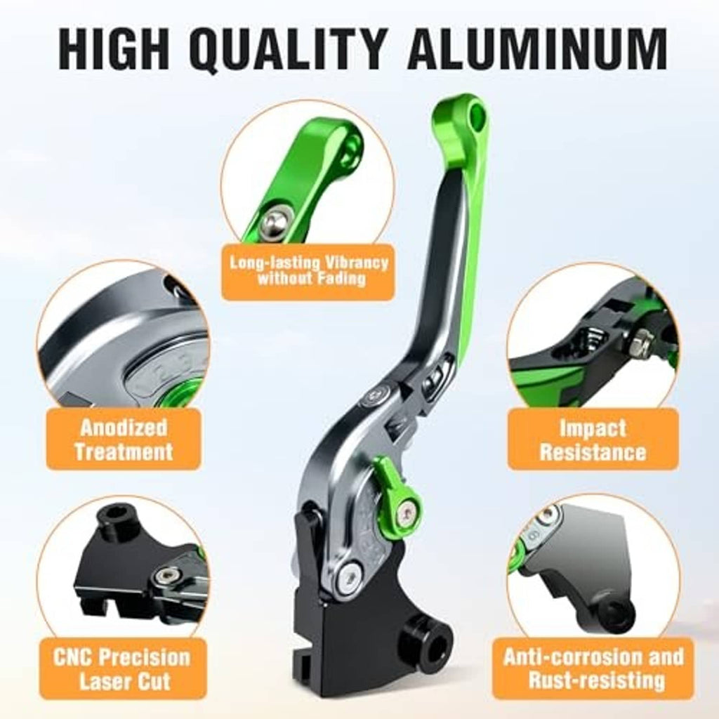 Aluminum motorcycle brake lever with green finish and black foldable construction