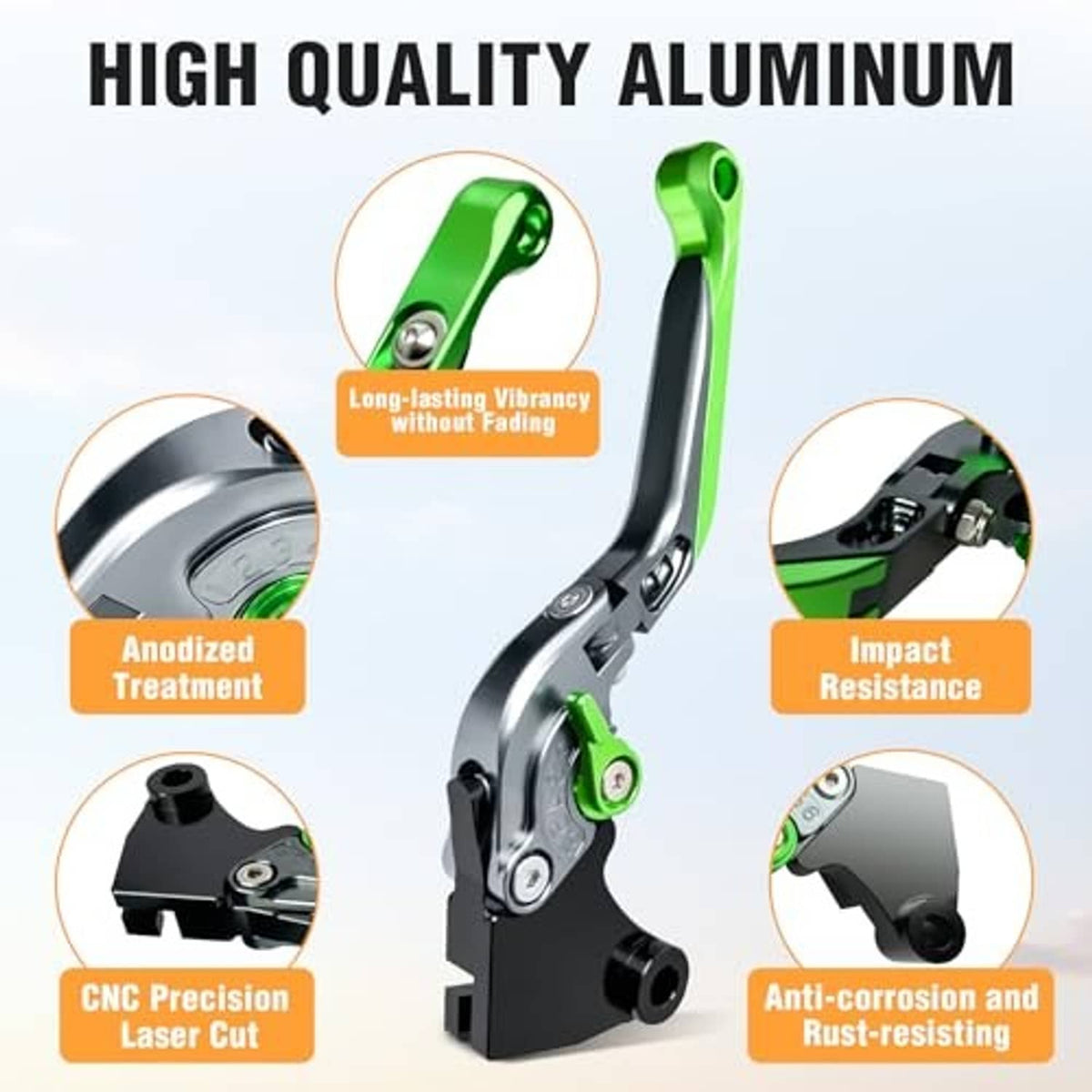 Aluminum motorcycle brake lever with green finish and black foldable construction