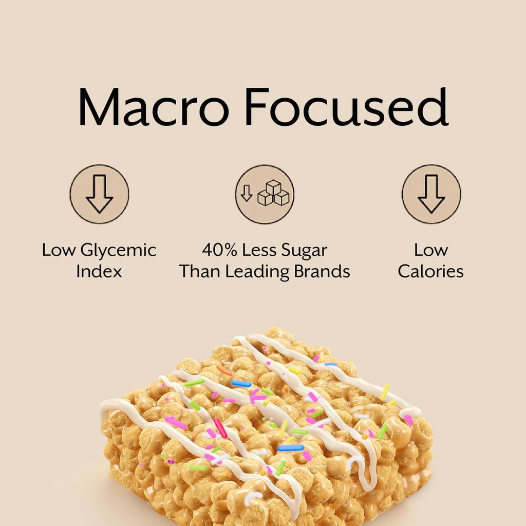 Protein puff bar macro infographic with low glycemic index, 40% less sugar, low calories