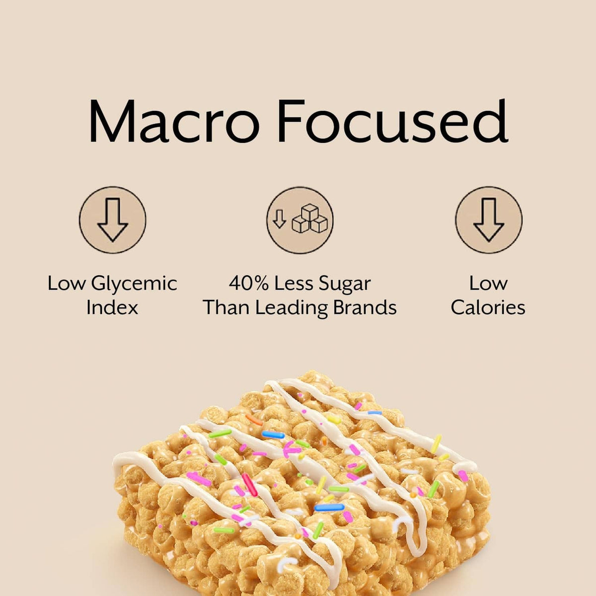 Protein puff bar macro infographic with low glycemic index, 40% less sugar, low calories