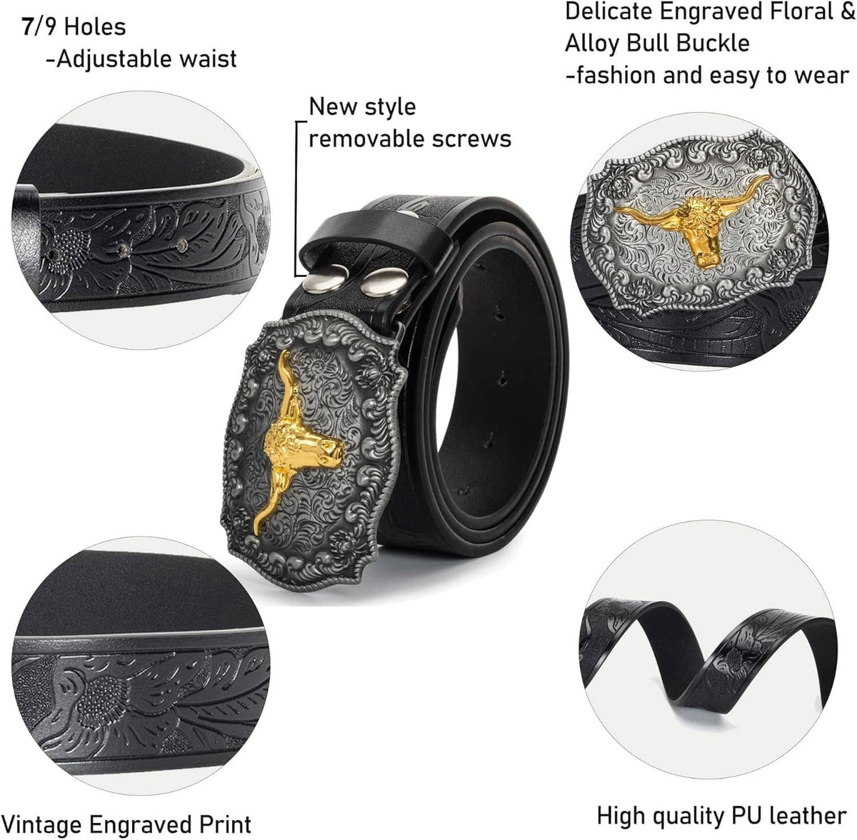 Men's western belt with black PU strap, embossed detailing, and gold longhorn buckle