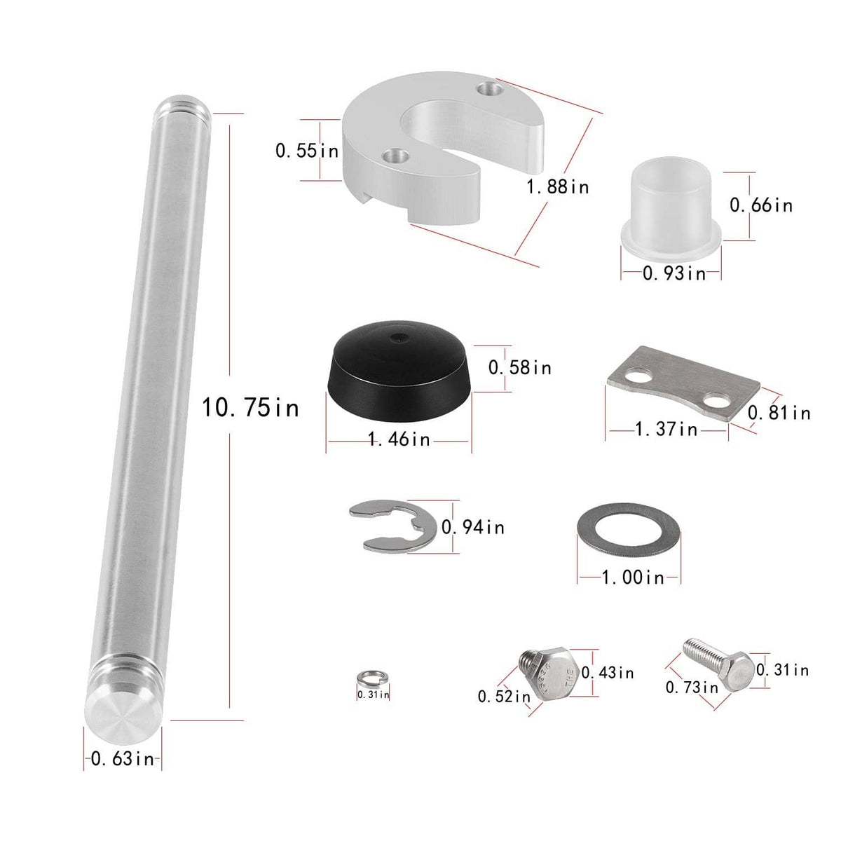 Trim cylinder pin cap bushing hardware kit with dimension diagram for cylinder, cap, rings, seal