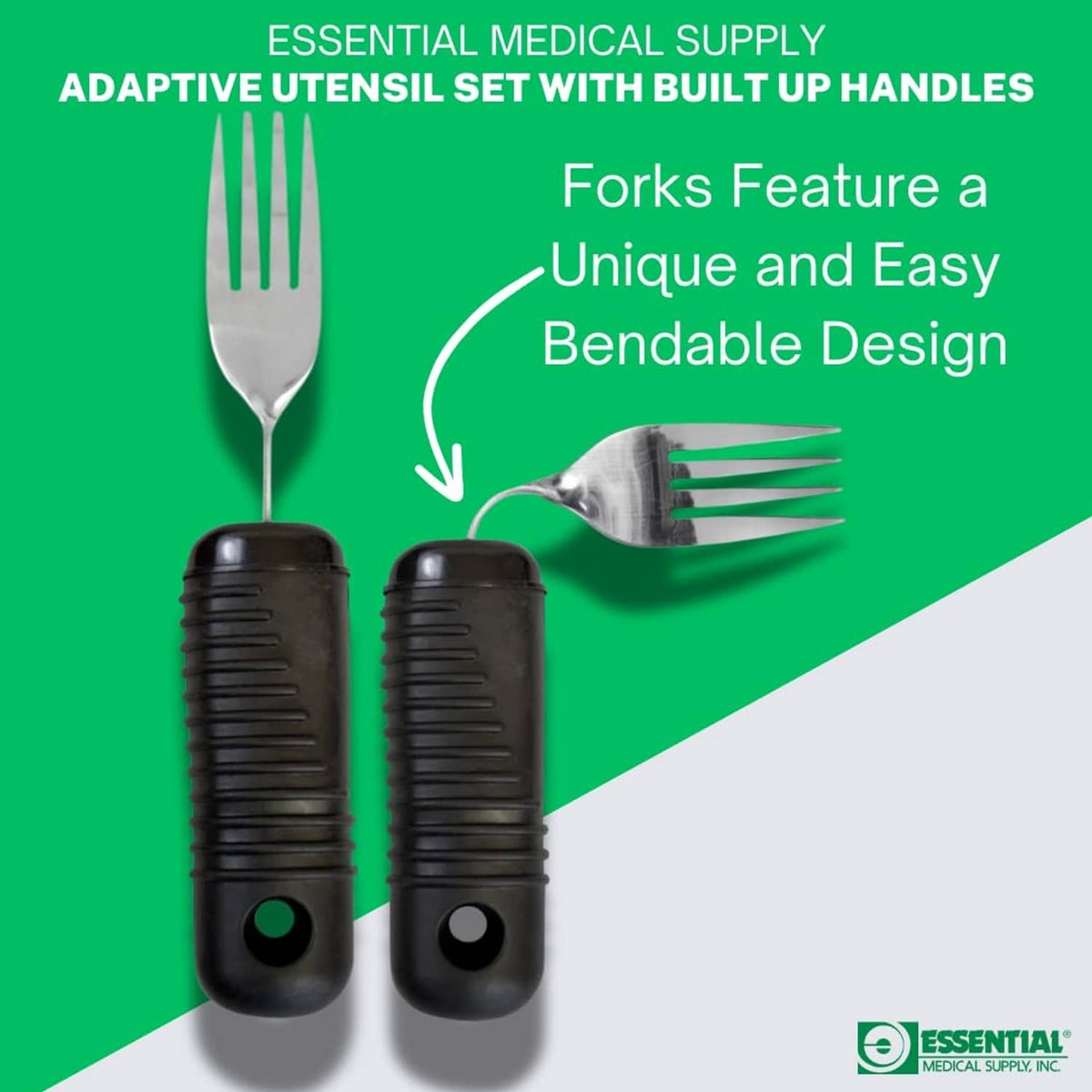 Two forks with bendable tines and black built-up ribbed handles