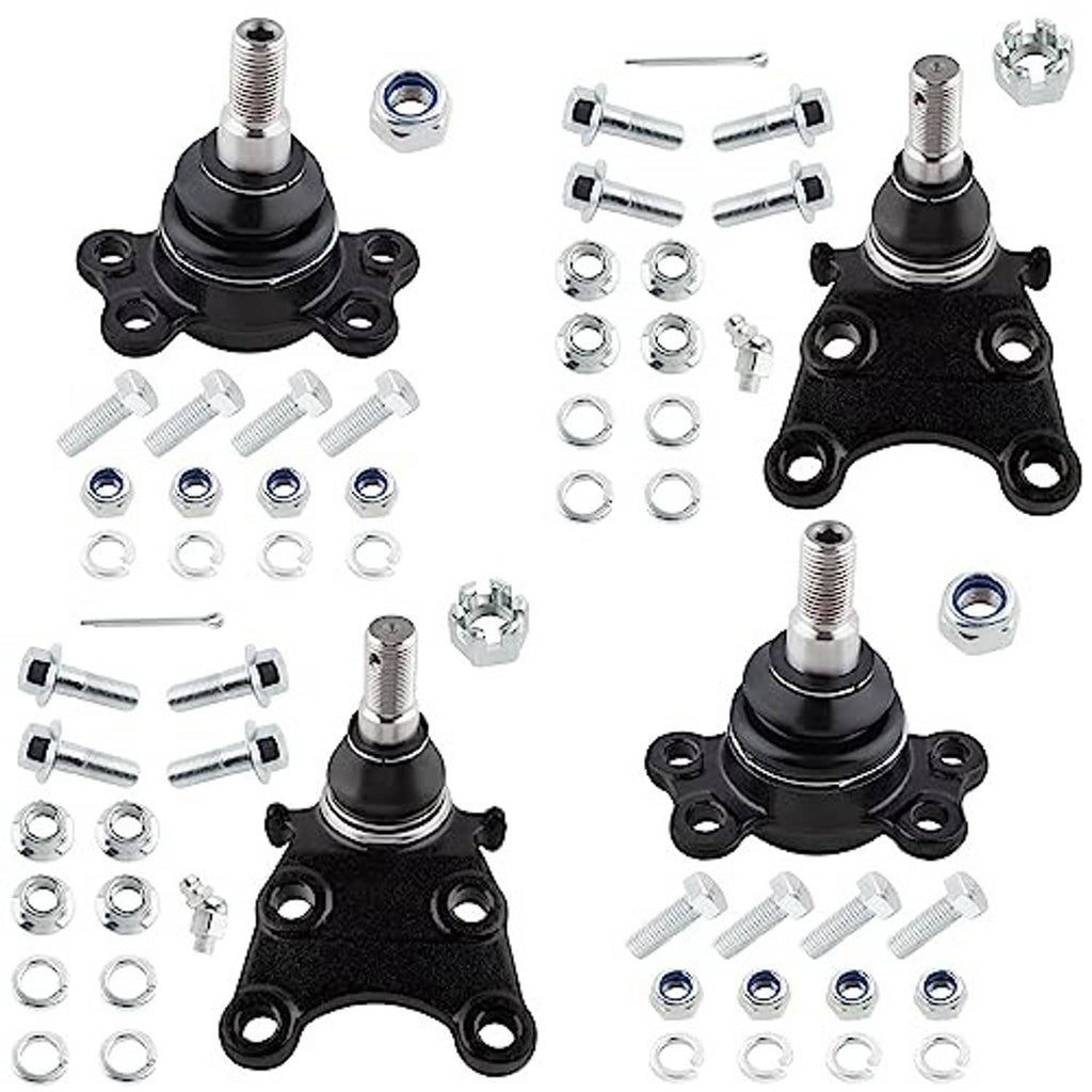 Front ball joint assembly set with black rubber boots, metal shafts, and mounting hardware