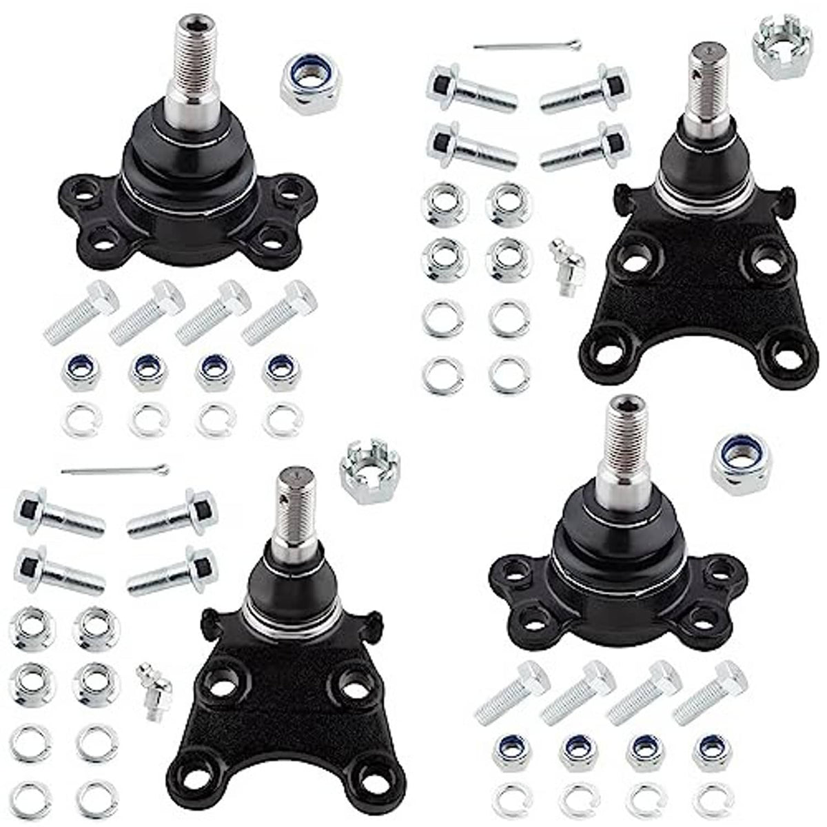Front ball joint assembly set with black rubber boots, metal shafts, and mounting hardware