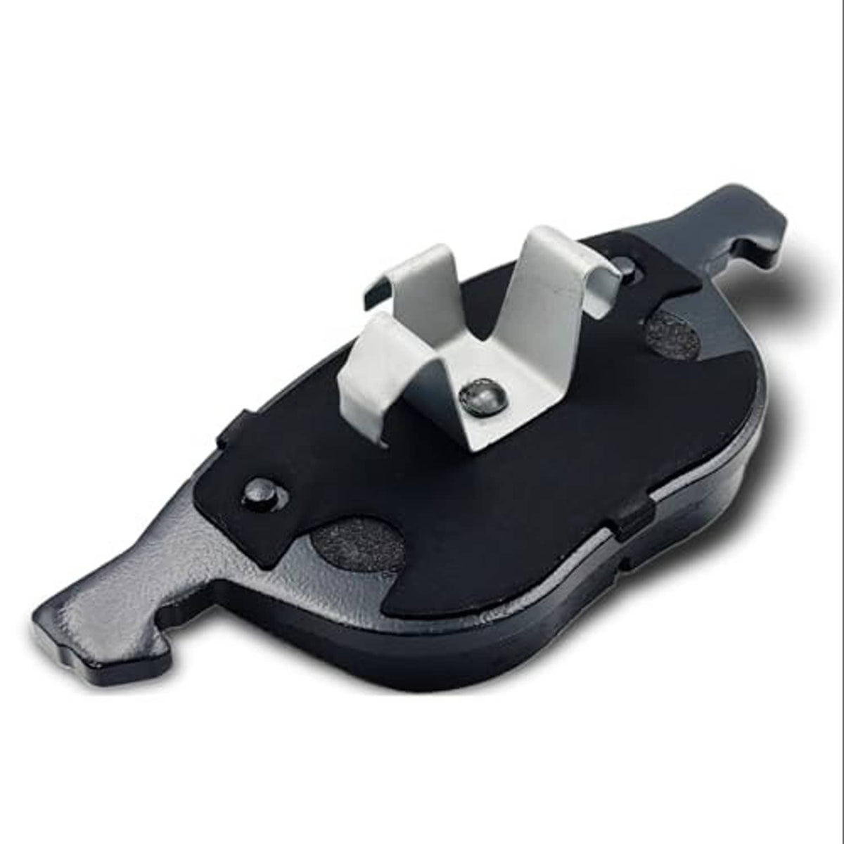 Ceramic brake pad with back plate and metal clips, black base and silver hardware