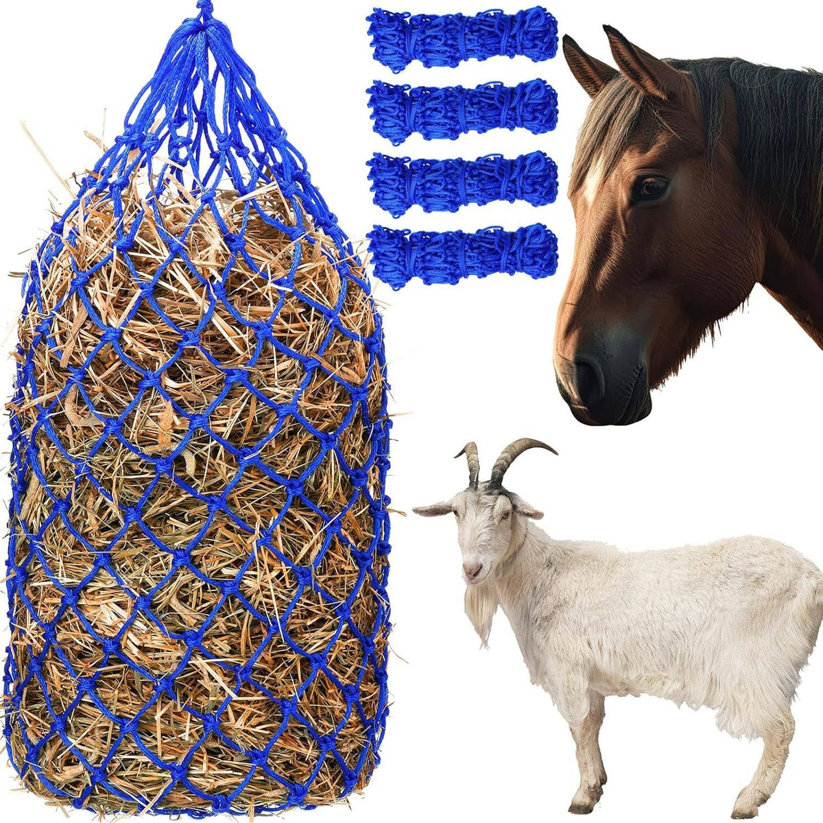 Blue mesh slow feeder hay net bag with hay, next to horse and pony