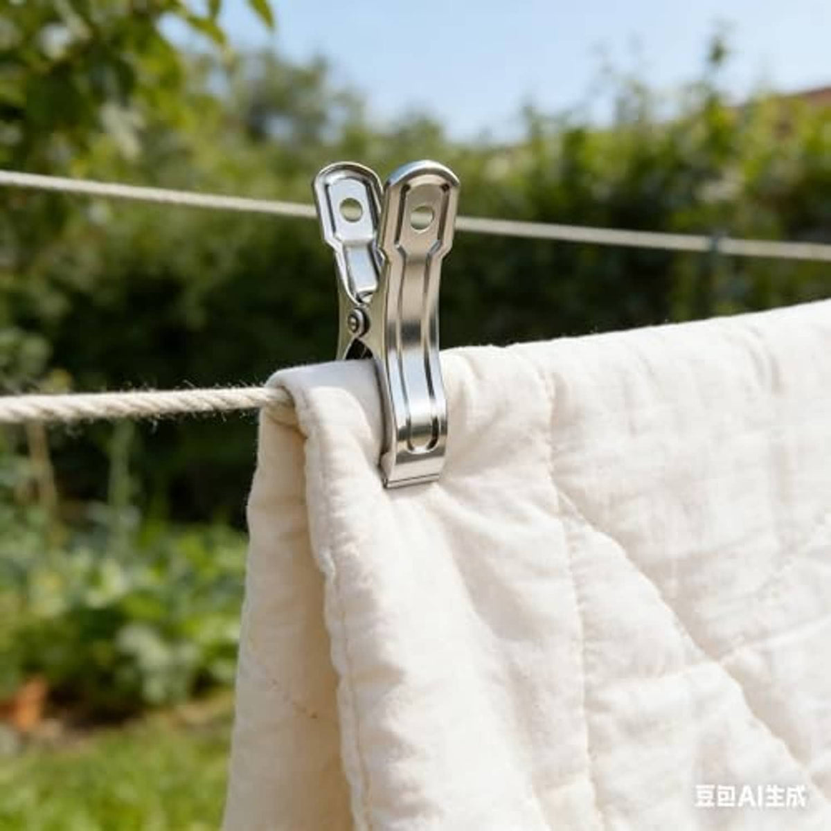 Stainless steel clamp holding white laundry fabric on a clothesline outdoors