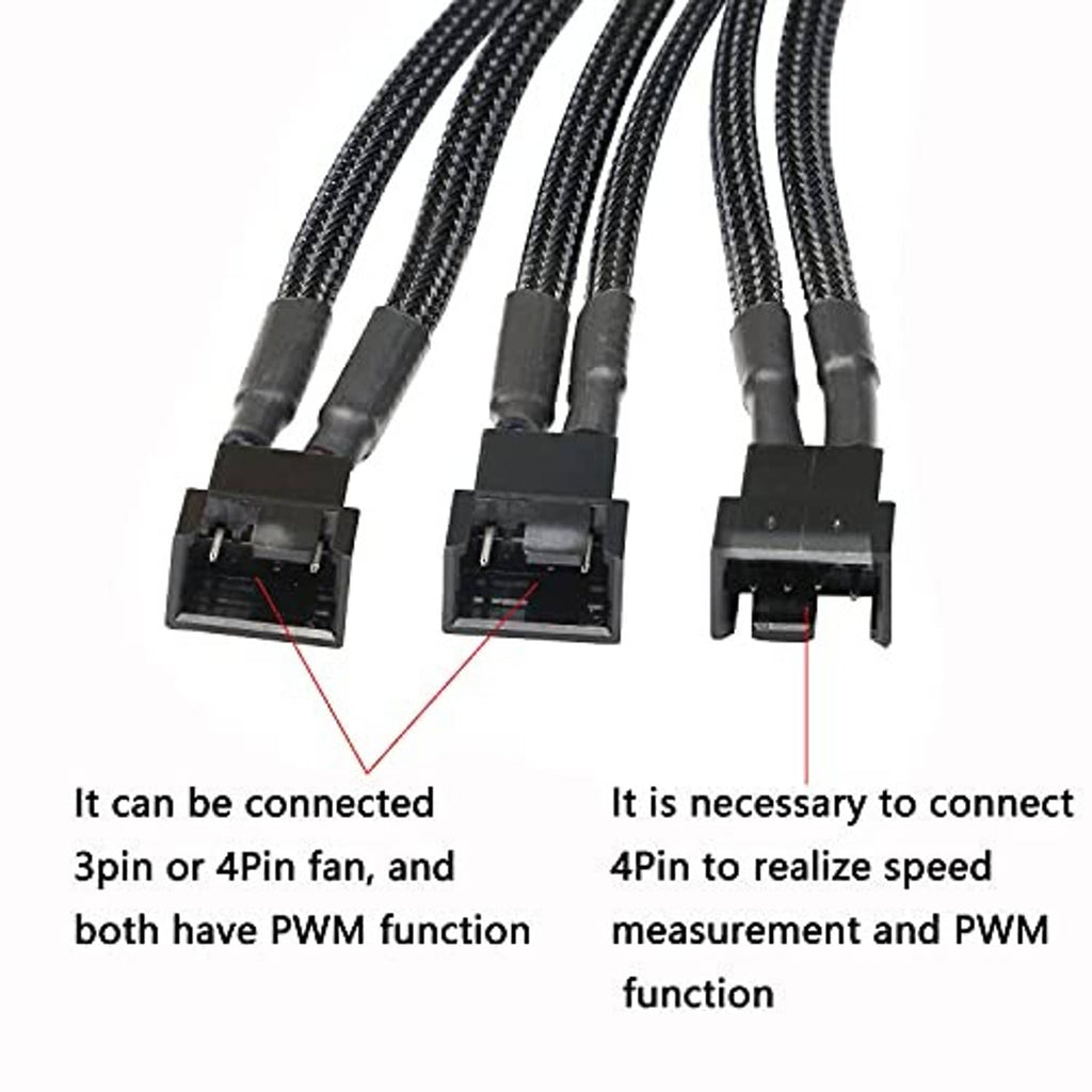 Black PWM adapter cable with three fan header plugs for 3-pin or 4-pin fans