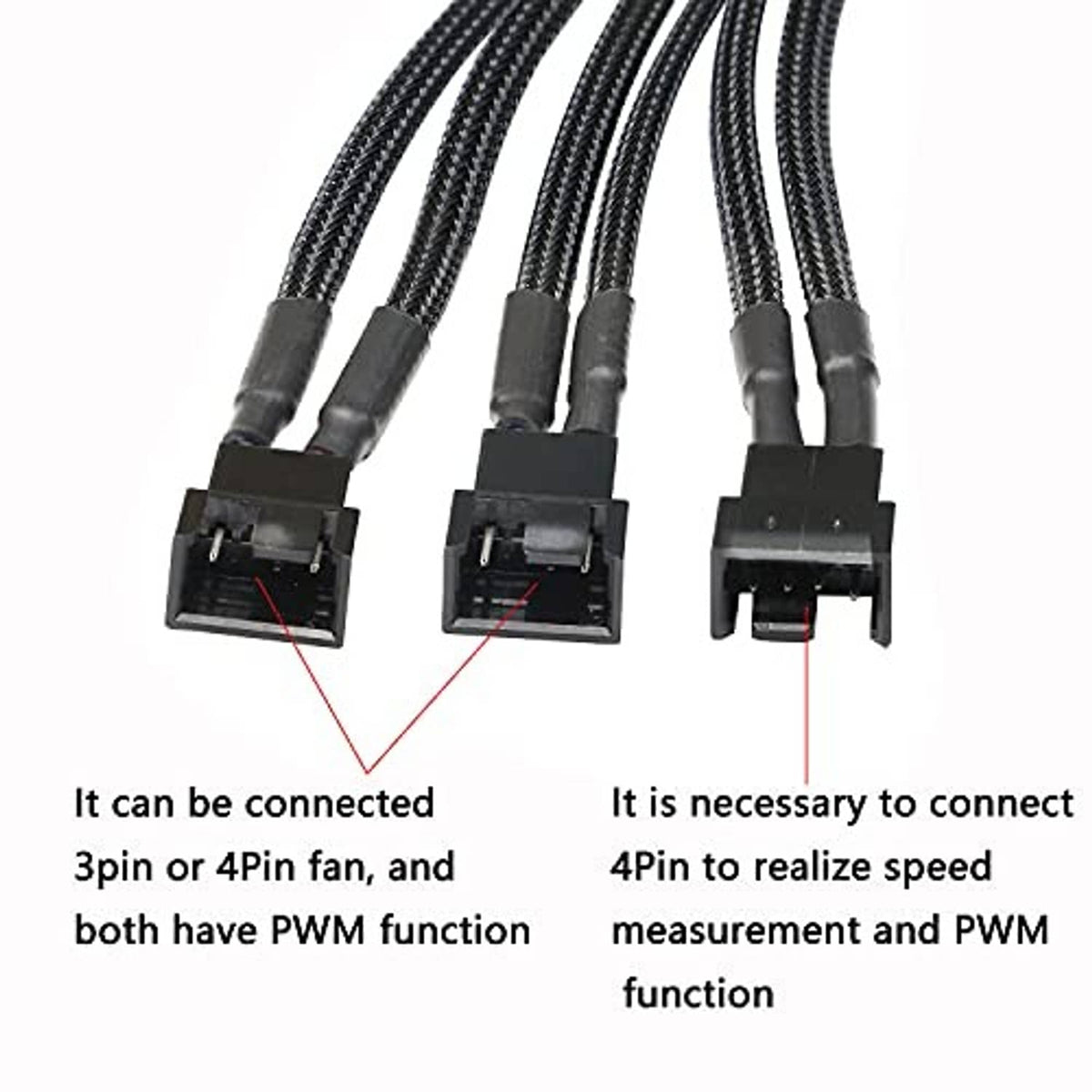 Black PWM adapter cable with three fan header plugs for 3-pin or 4-pin fans