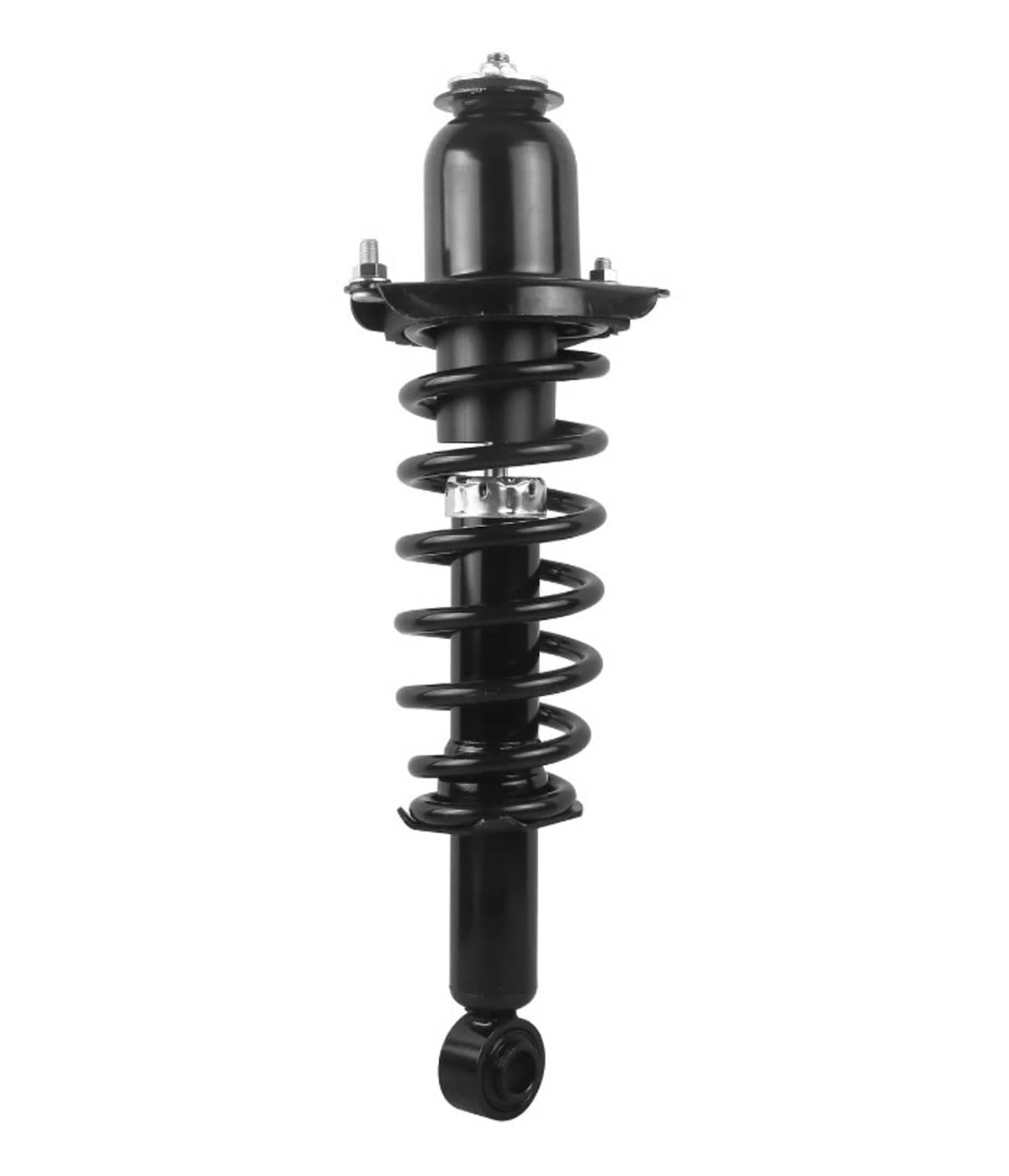 Single black strut with coil spring, top cap, and lower shock mount