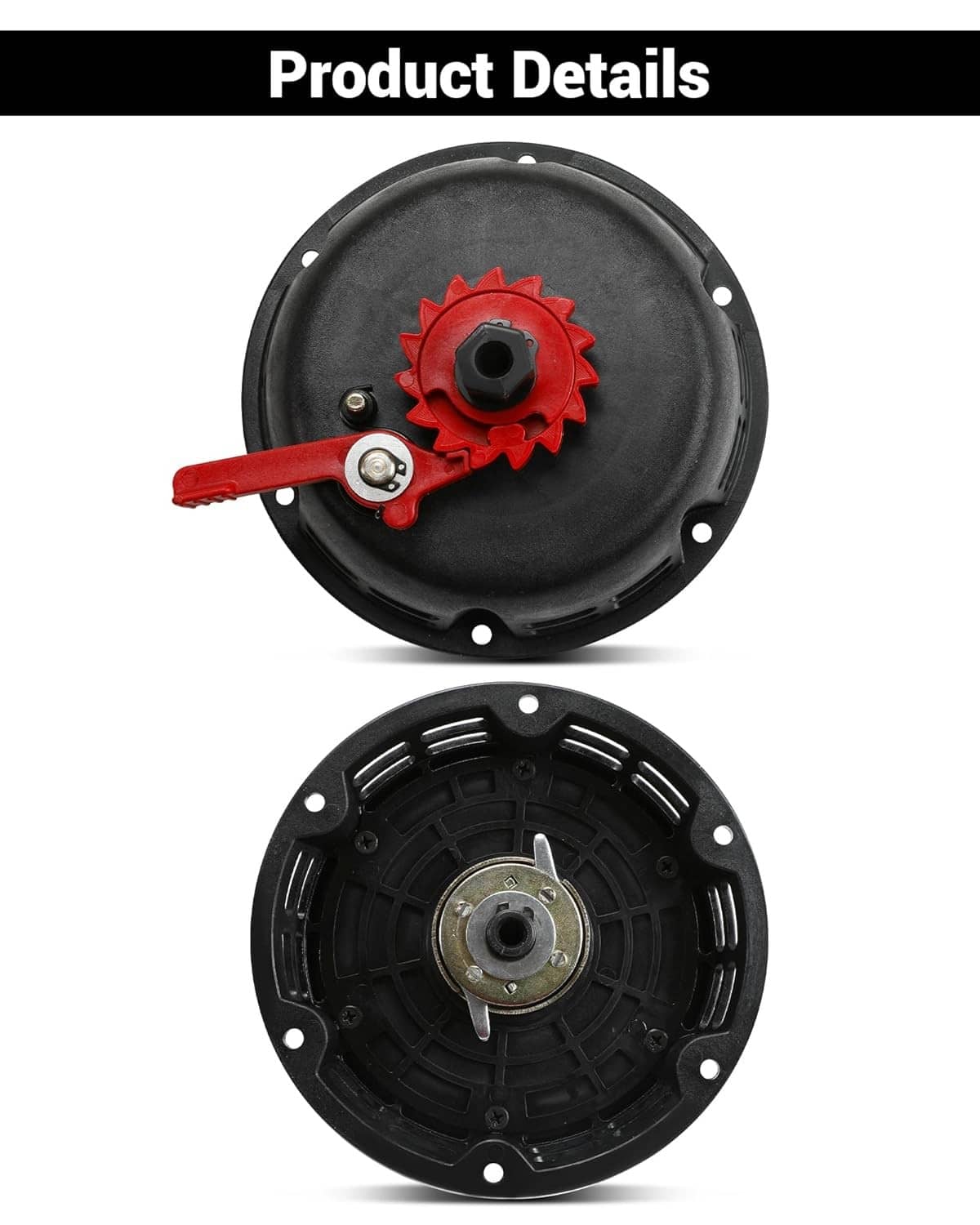 Recoil starter cover with red gear inside black housing, front and back views