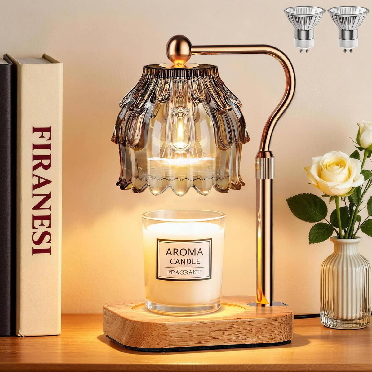 Gray candle warmer lamp with timer dimmer, glass shade and warm glowing wax melt