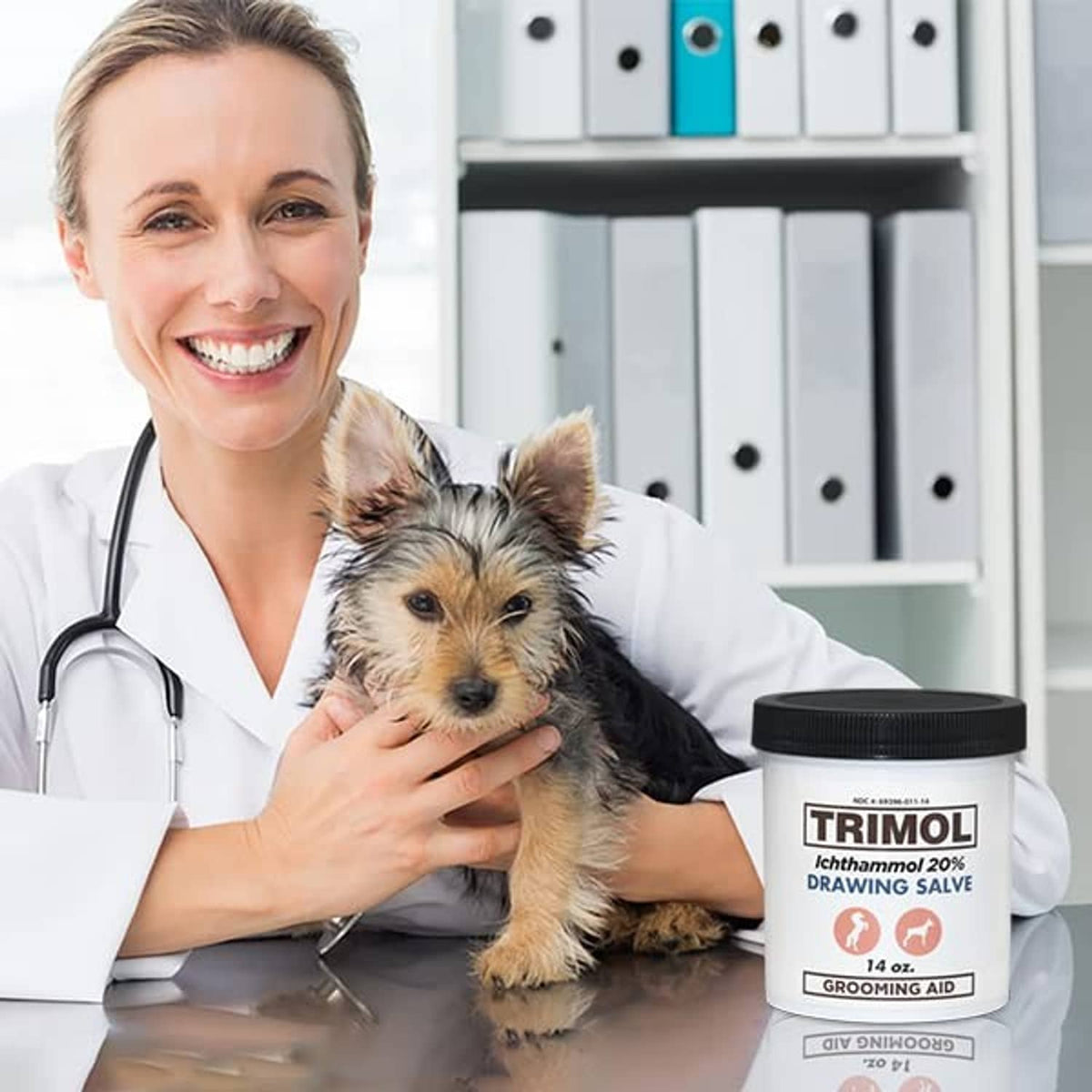 Veterinarian holding a small dog while a TRIMOL drawing salve tub sits nearby