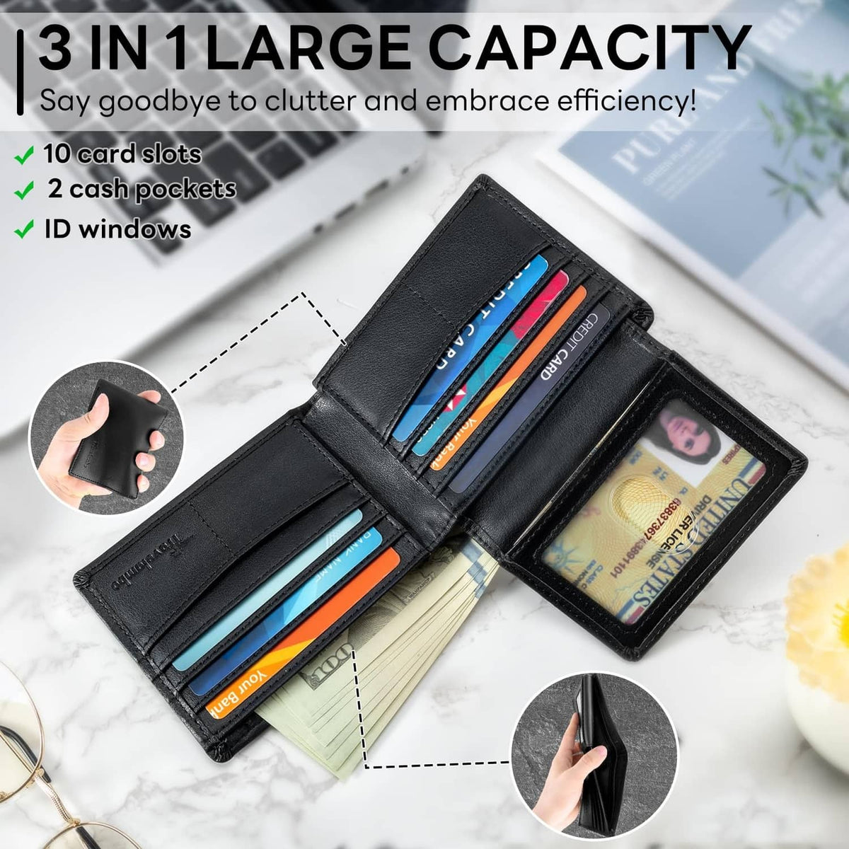 Men's black bifold wallet open, ID window and card slots with cash pockets