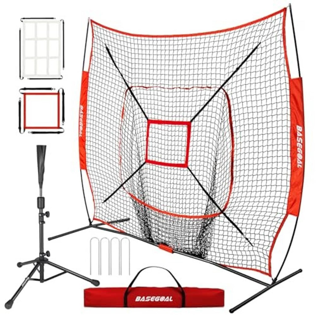 Red baseball practice net with strike zone target and padded base on stand
