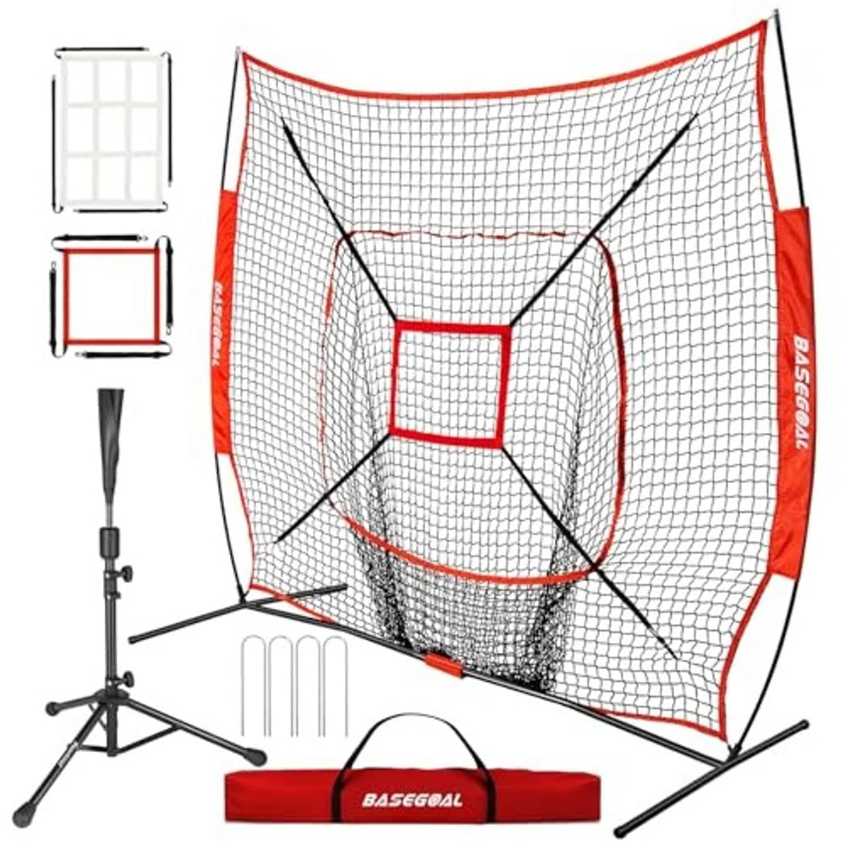 Red baseball practice net with strike zone target and padded base on stand