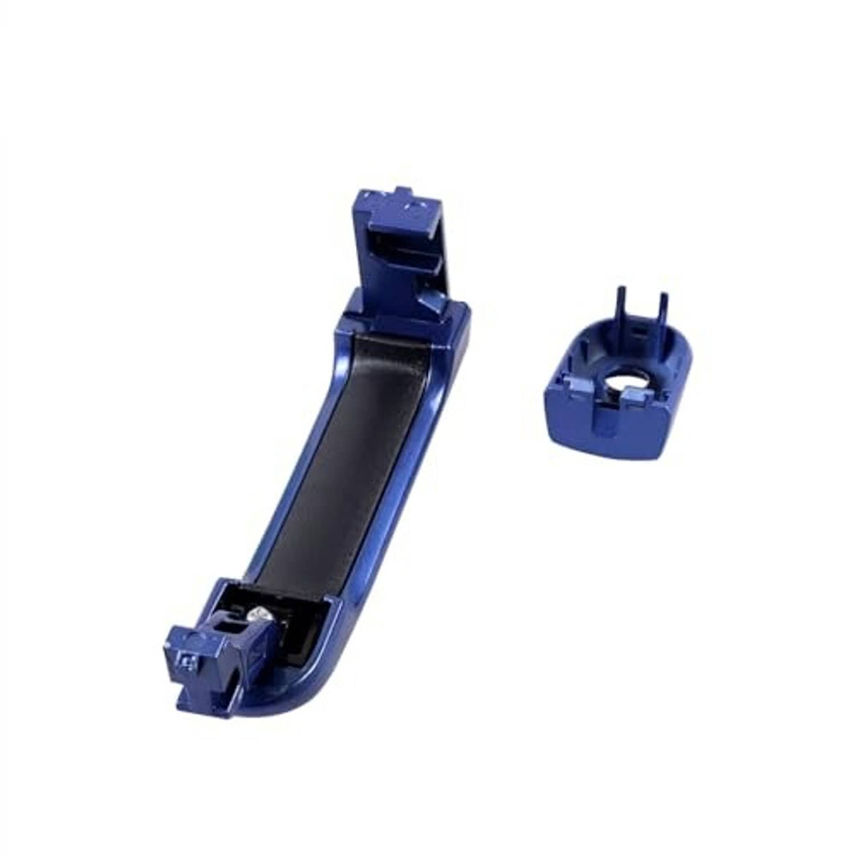 Blue exterior door handle assembly with small plastic mounting piece
